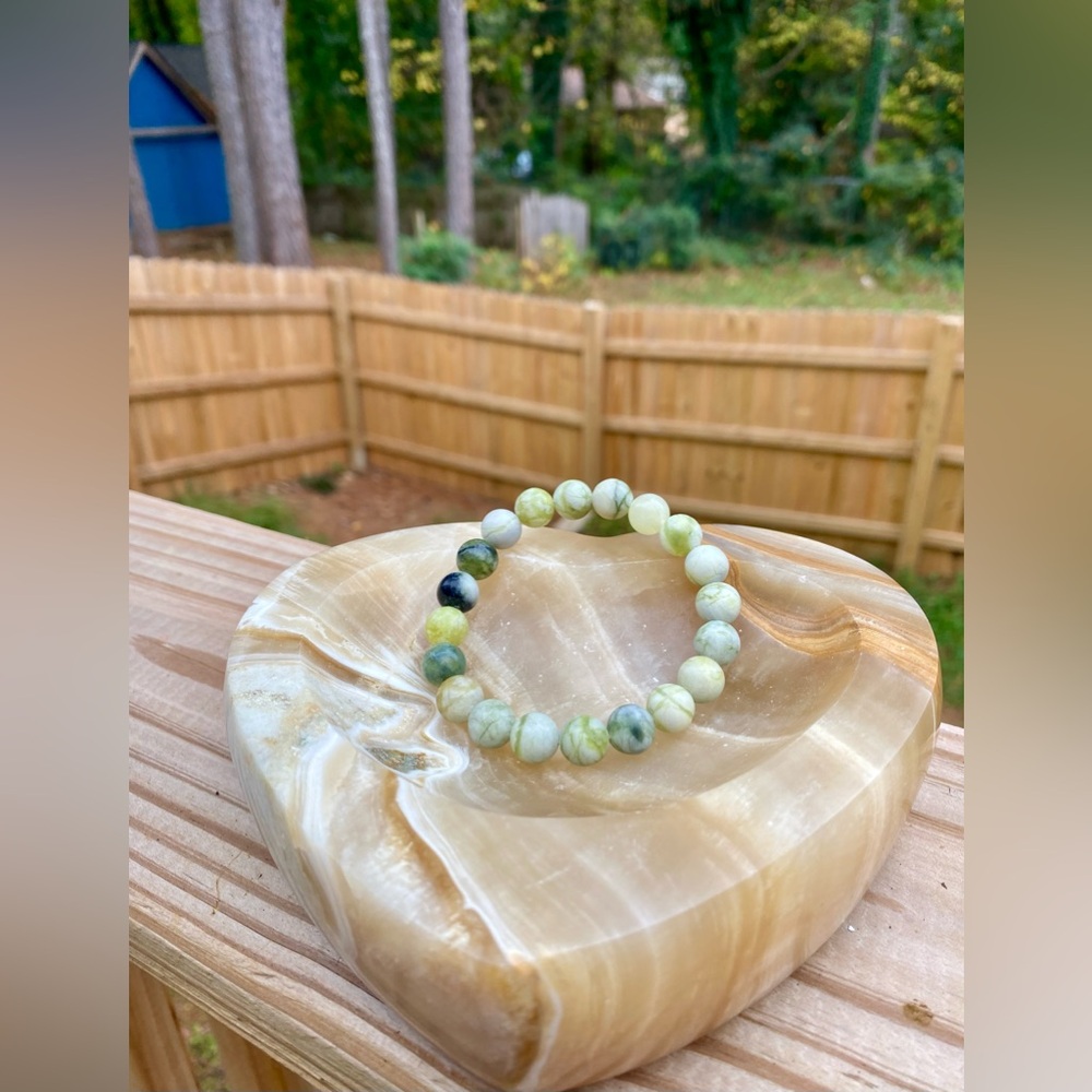 Green Flower Jade Stone of Prosperity & Grace Gemstone Stretch Bracelet 10mm